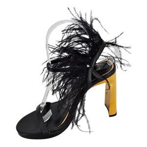 Zara Black Feather Trim Gold Block Heel Sandals Wrap Ankle Strap Womens 6 NEW‎